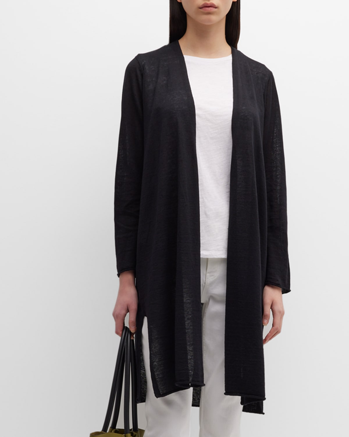 Eileen Fisher Organic Linen & Organic Cotton Long Cardigan In Black