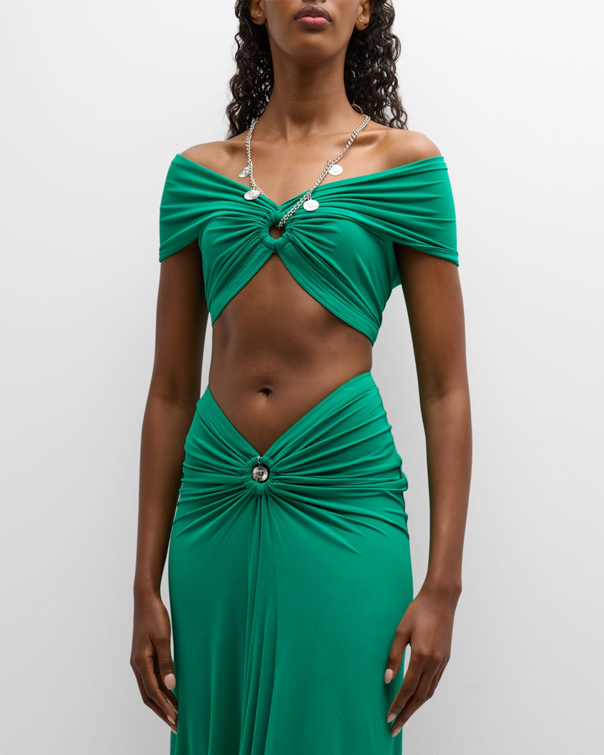 RABANNE NECKLACE GATHERED O-RING OFF-THE-SHOULDER CROP TOP