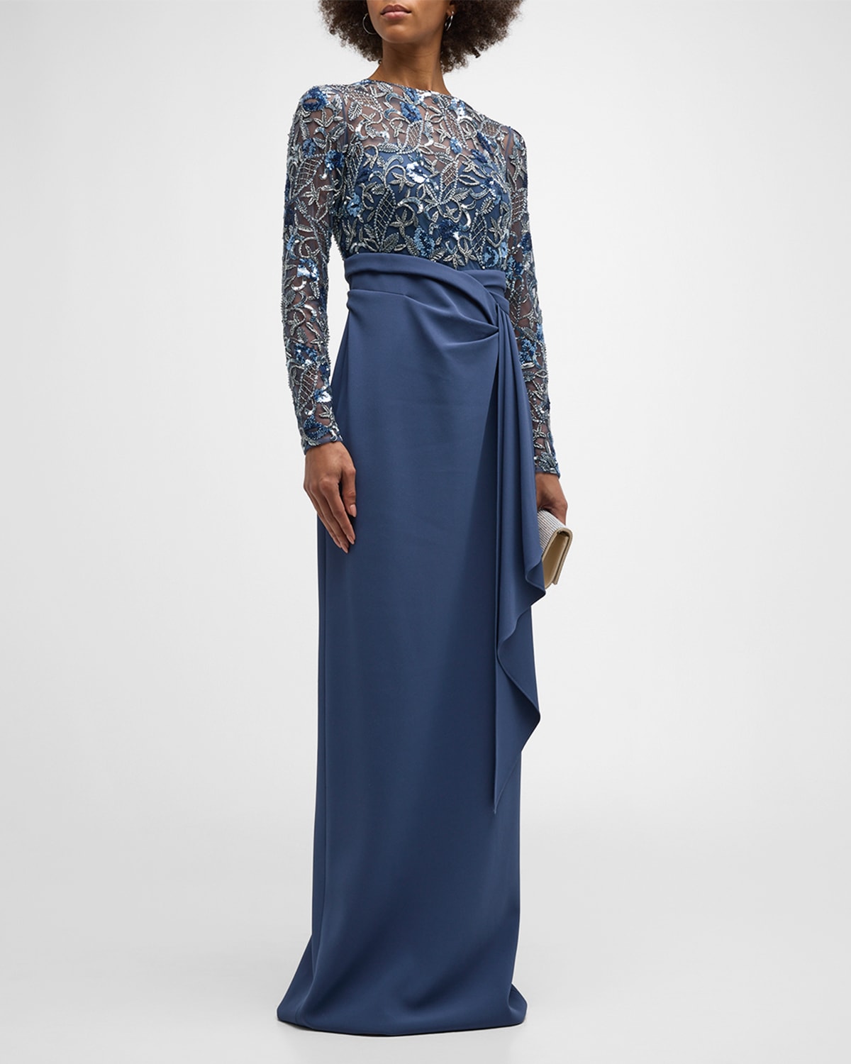 Pamella Roland Embroidered Long Sleeve Crepe Gown In Persian Blue