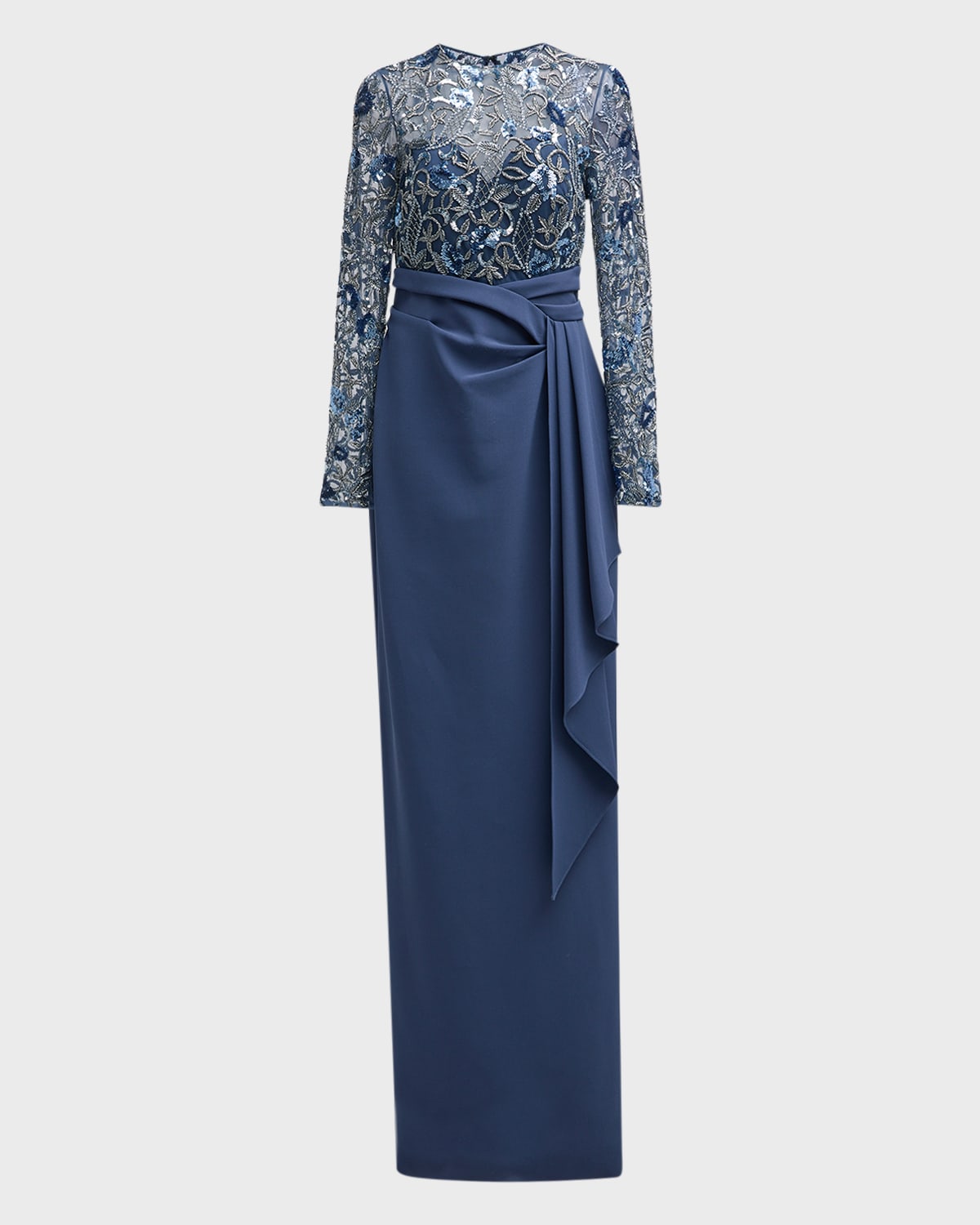 Embroidered Long Sleeve Crepe Gown
