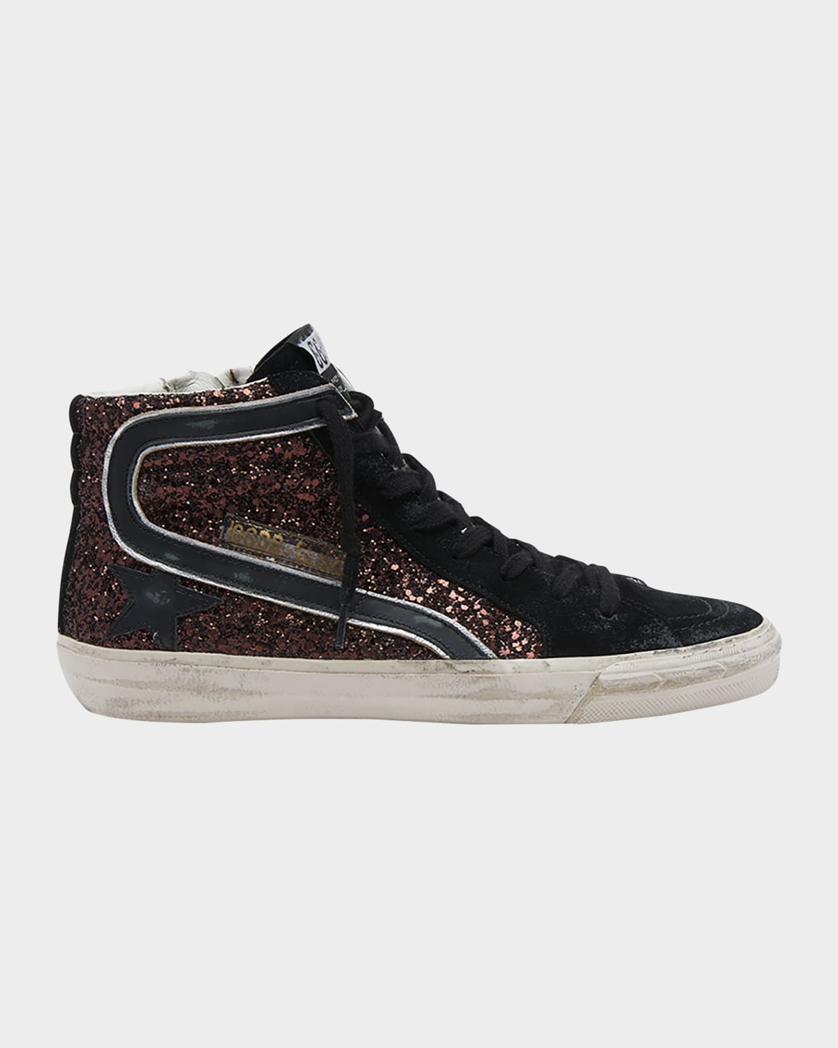 Golden Goose Slide Glitter Upper Suede Toe And List Leather Star And Wave In Coffee Brown Black Silver