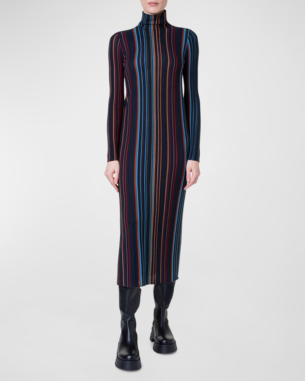 Akris Striped Turtleneck Knit Midi Tube Dress In Navy-multicolor