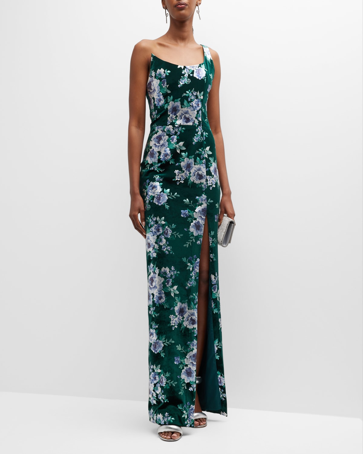 Shop Black Halo Spice One-shoulder Floral-print Velvet Gown In Frosted Jewel