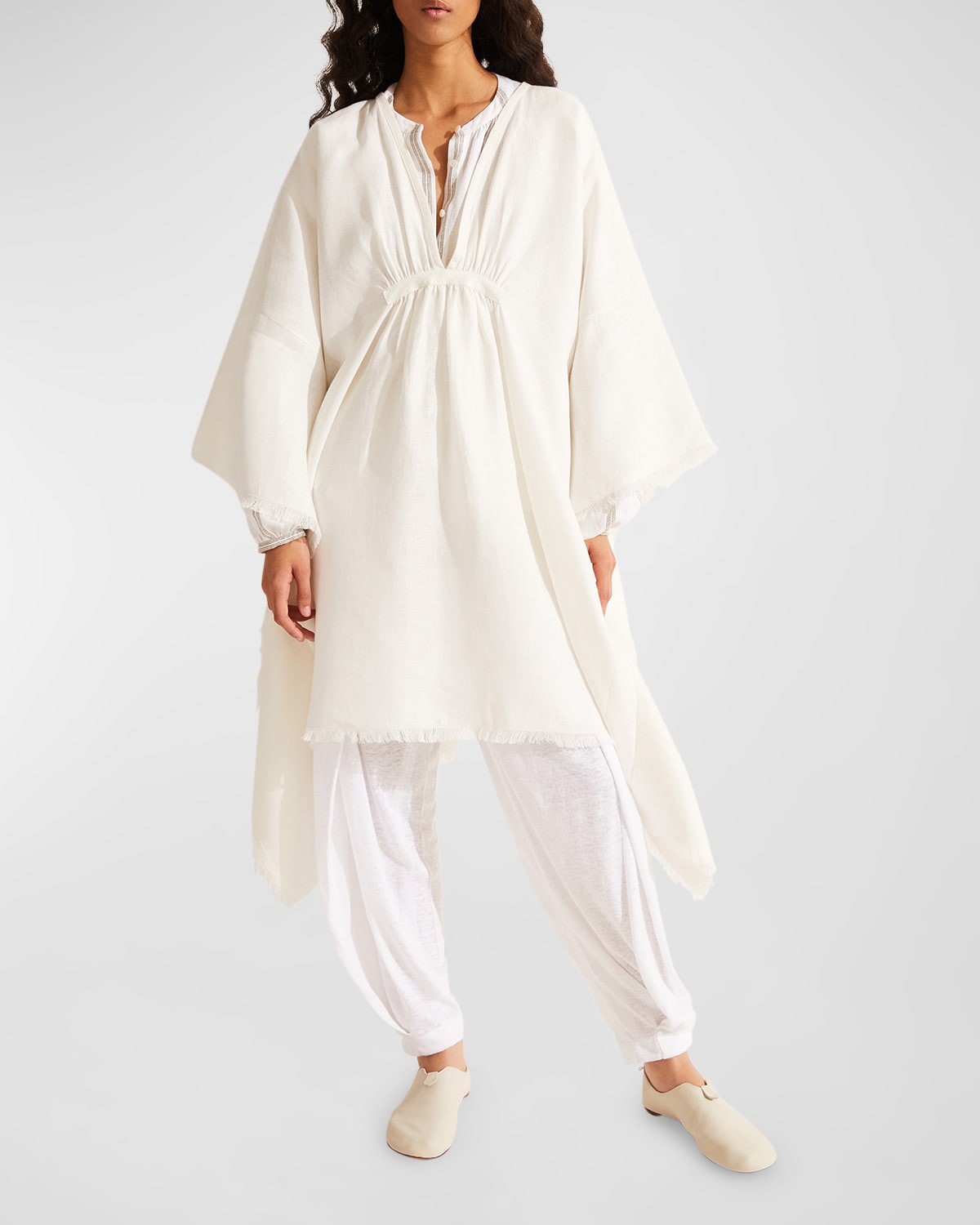 Loro Piana Gloria Breeze Linen Shirtdress With Ruched Front In 1000 White