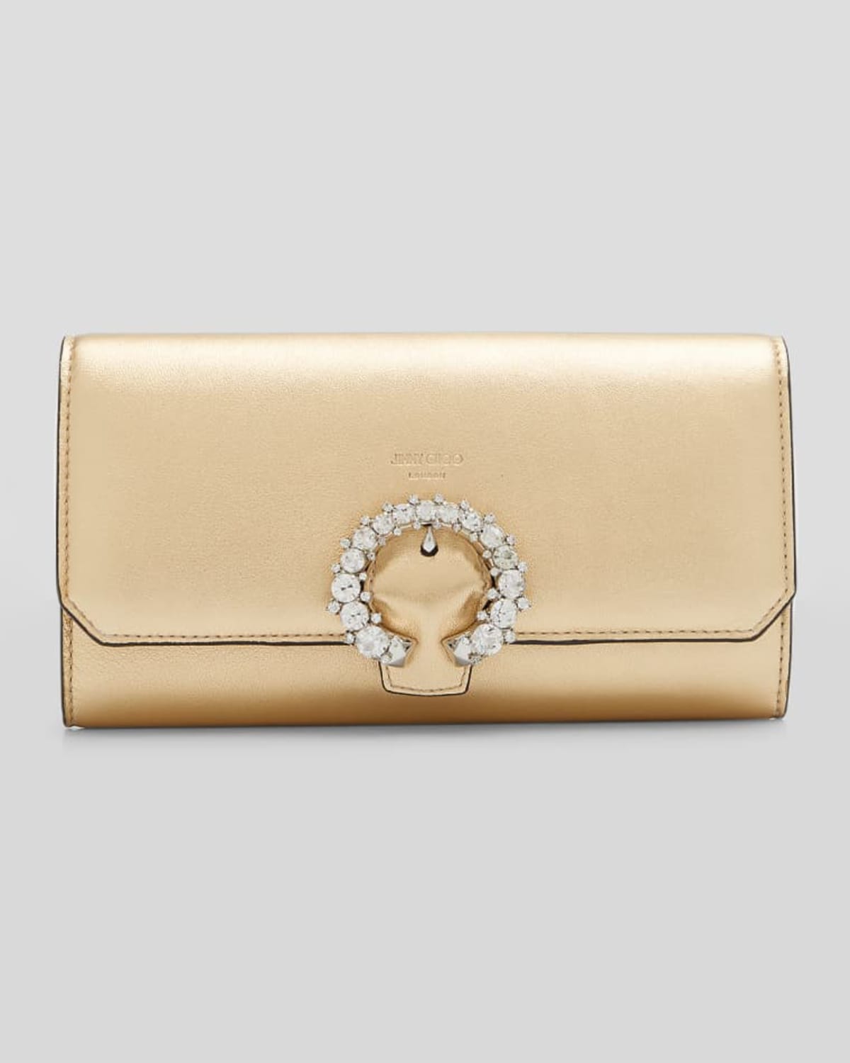 Jimmy Choo Varenne Metallic Patent Wallet with Chain Strap Gold