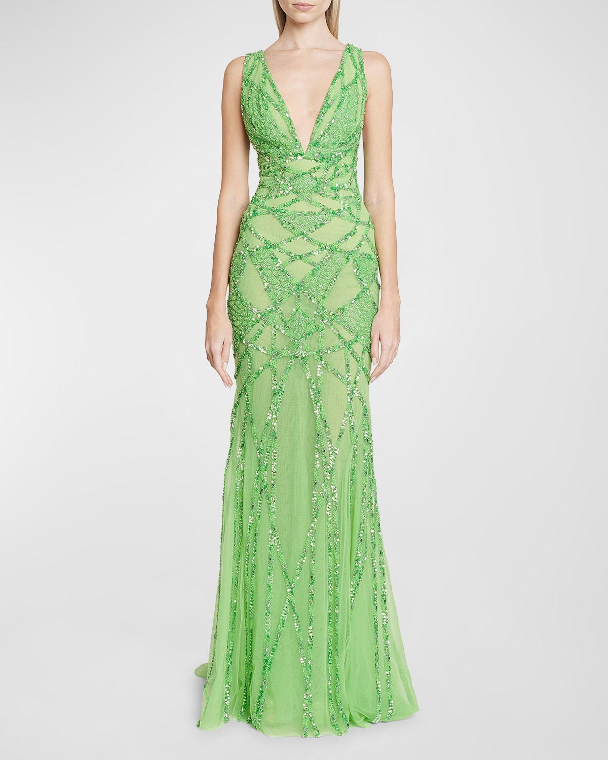 Zuhair Murad Abstract Rose Beaded Plunging Mermaid Gown In Summer Green