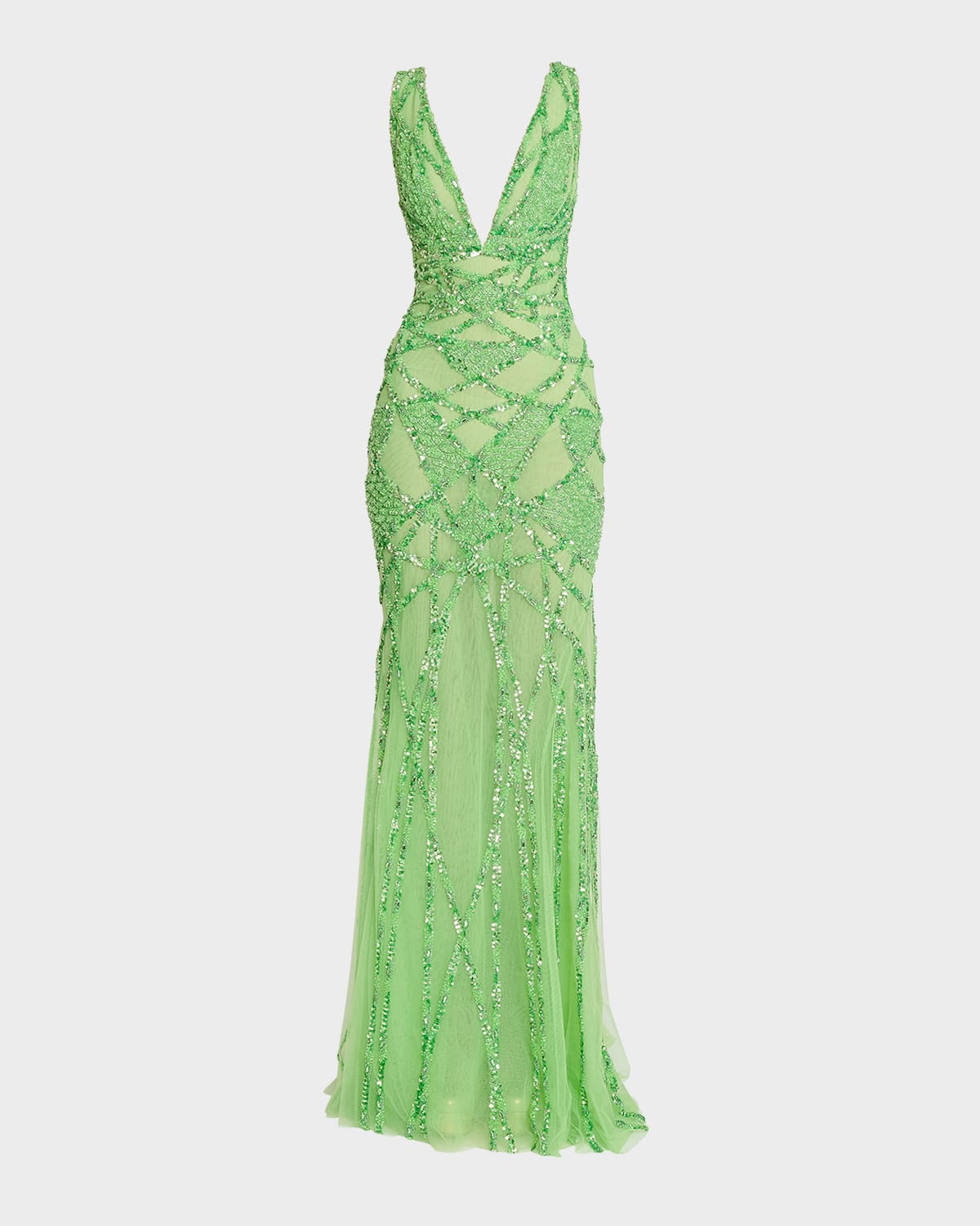 Zuhair Murad Abstract Rose Beaded Plunging Mermaid Gown In Summer Green