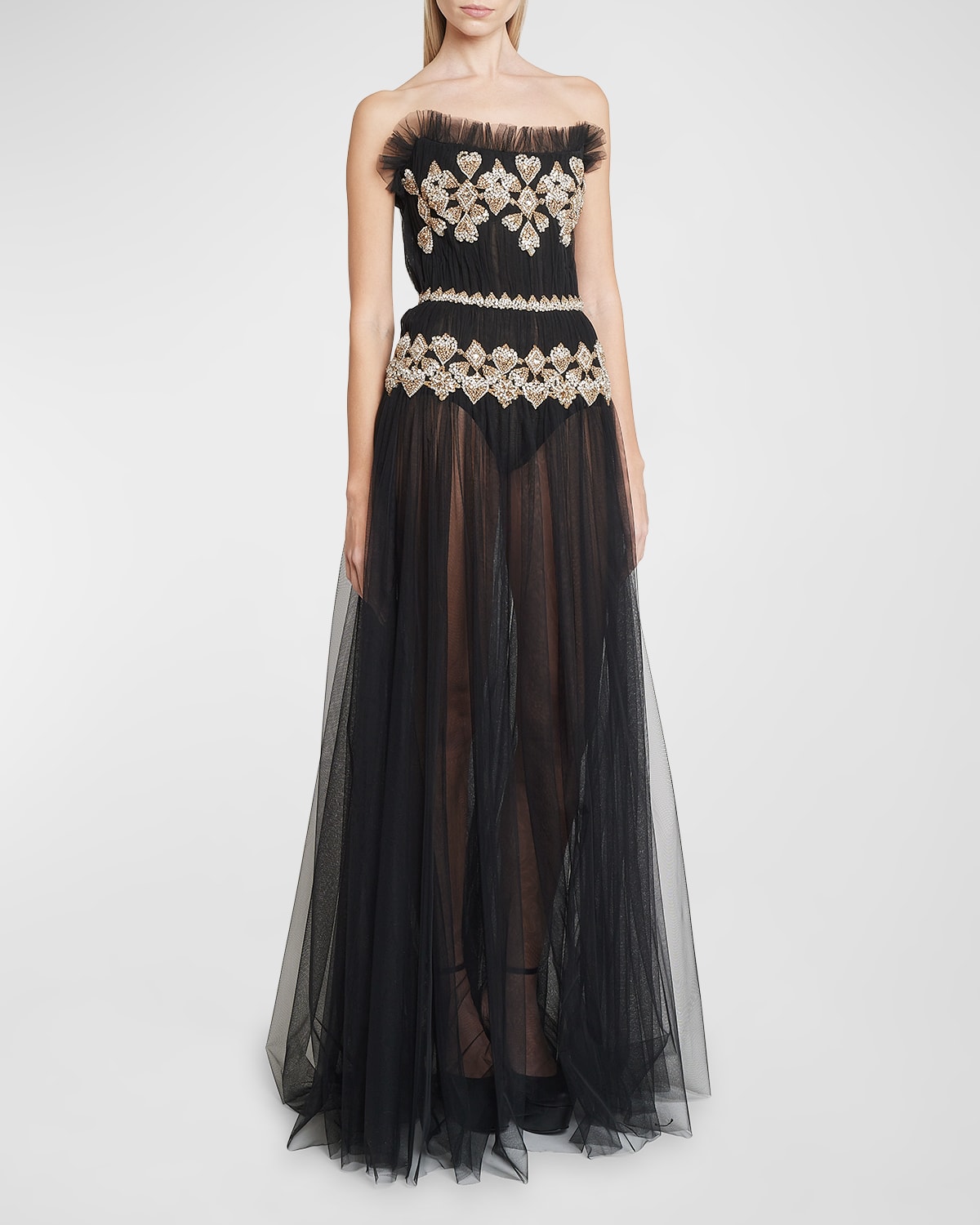 Zuhair Murad Crystal Embroidered Detachable-sleeves Off-the-shoulder Tulle Gown In Black Gold Silver