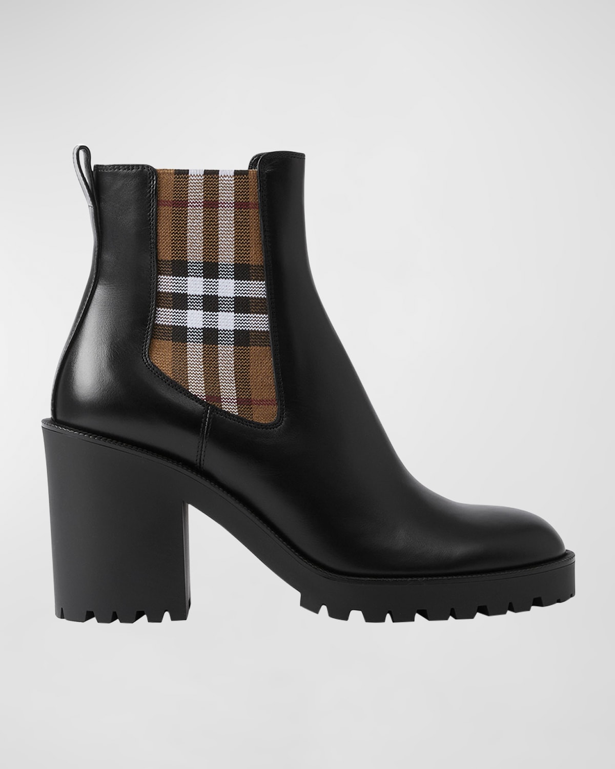 Shop Burberry Allostock Leather Check Heeled Chelsea Booties In Black