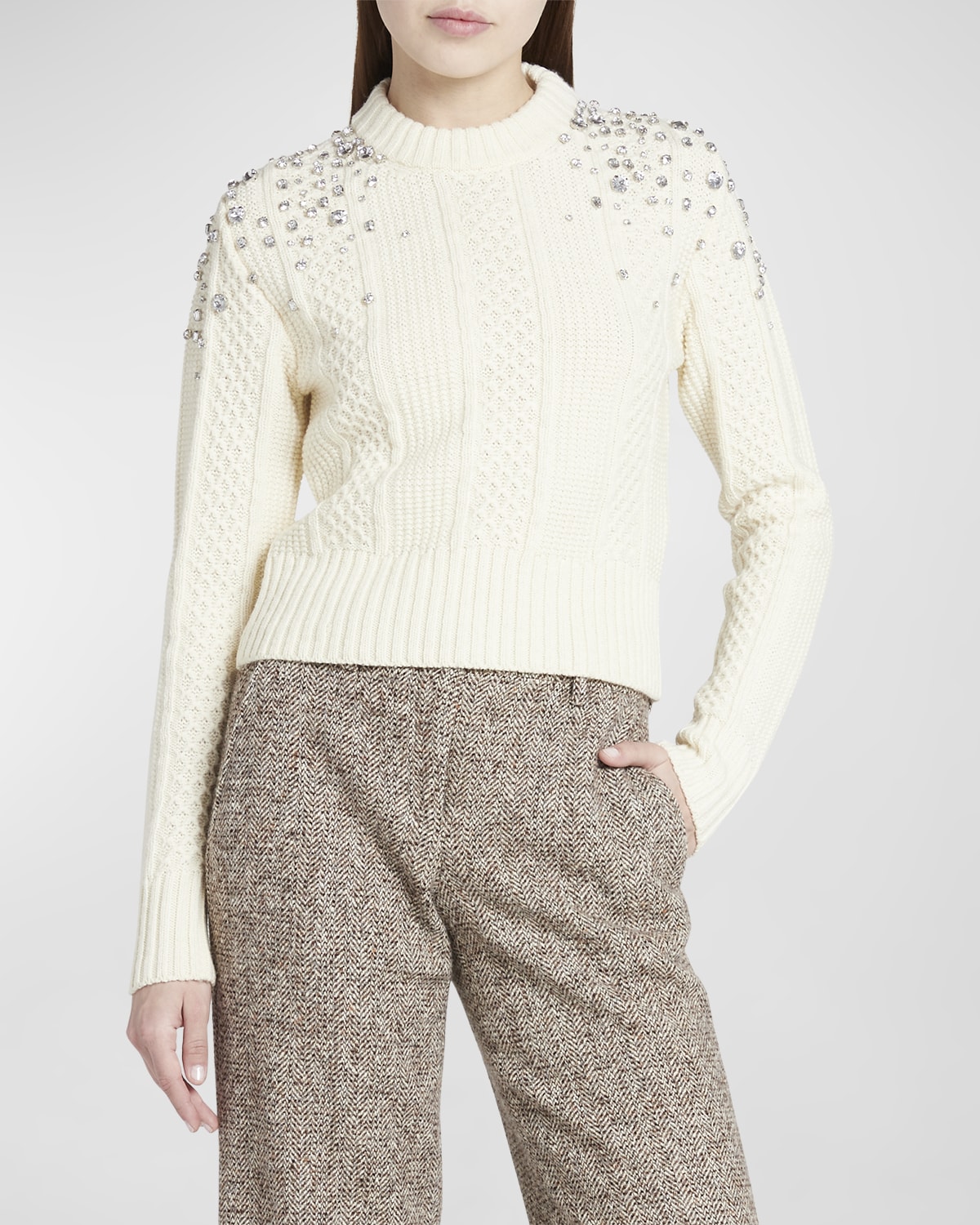 Shop Golden Goose Cropped Cable-knit Crystal Sweater In Lambs Wool