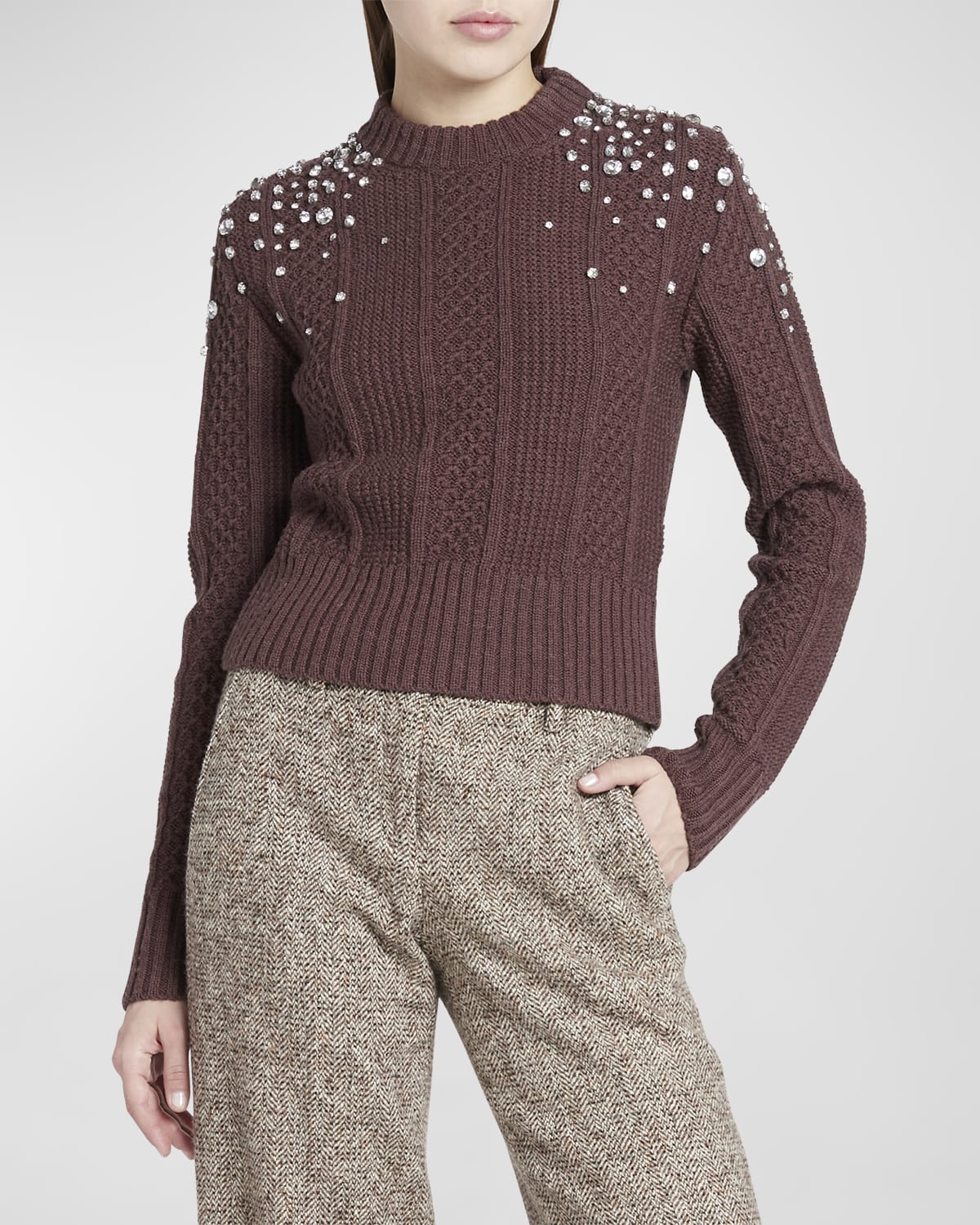 Shop Golden Goose Cropped Cable-knit Crystal Sweater In Sassafras