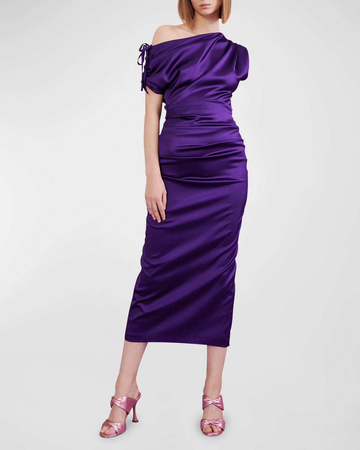 Talbot Runhof Tie Draped One-shoulder Satin Midi Dress In Wisteria 840