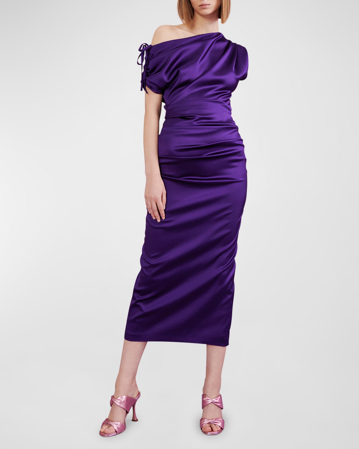 Shop Talbot Runhof Tie Draped One-shoulder Satin Midi Dress In Wisteria 840