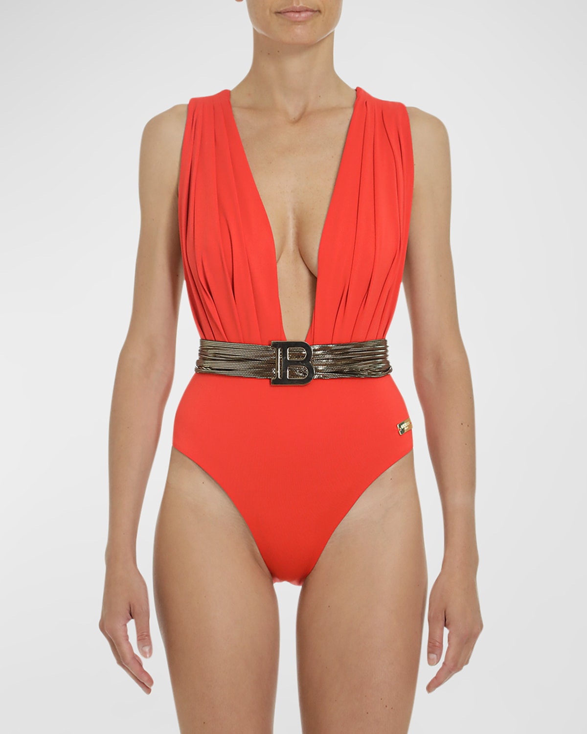 BALMAIN BELTED DRAPED SWIMSUIT WITH BELT