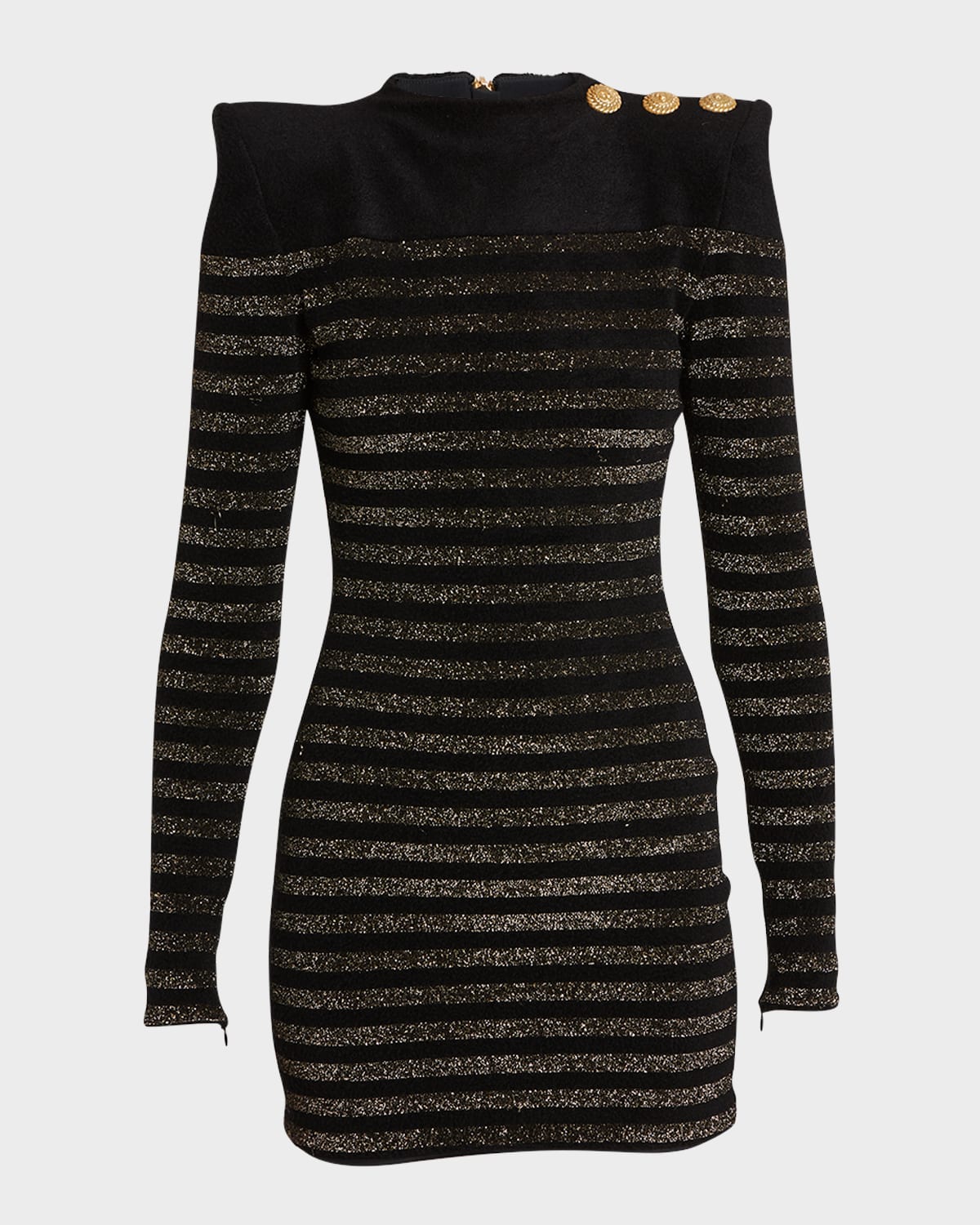 Balmain Metallic Stripe Button-shoulder Knit Mini Dress In Black Gold