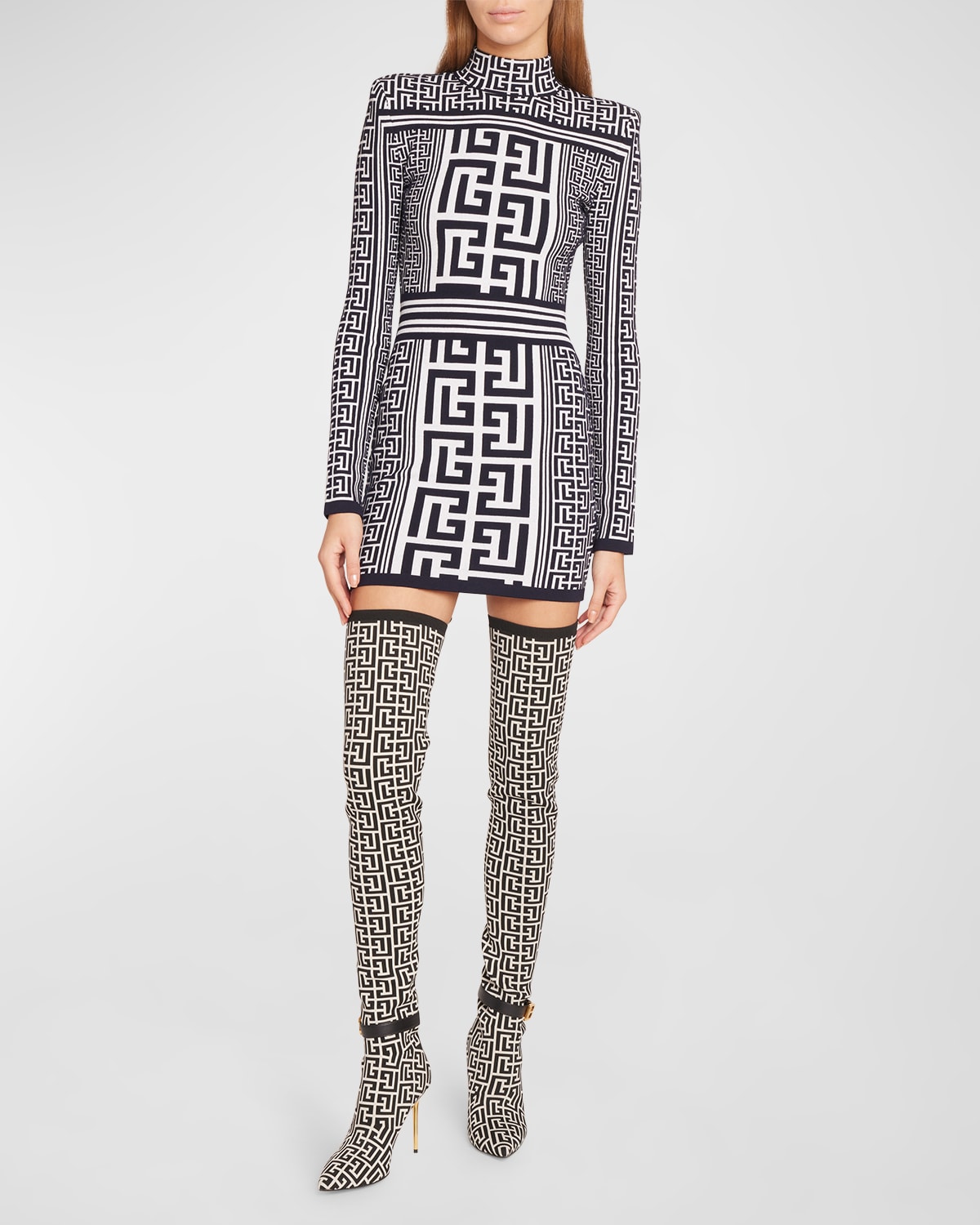 Shop Balmain Dual Monogram Knit Mini Dress With Padded Shoulders In White Navy