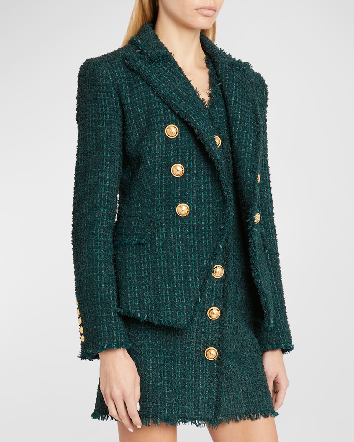 Balmain Tweed Double-breasted Blazer Jacket In Dk Green