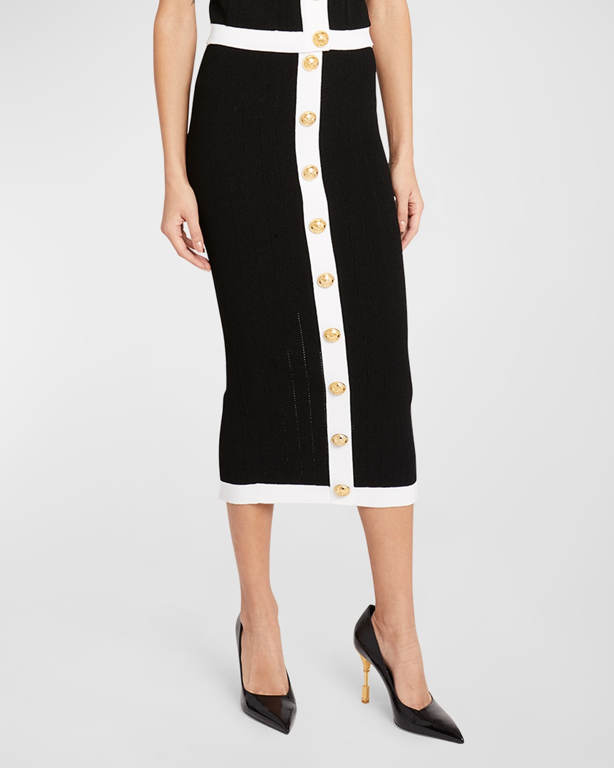 Shop Balmain Button-front Knit Midi Skirt In Blk White