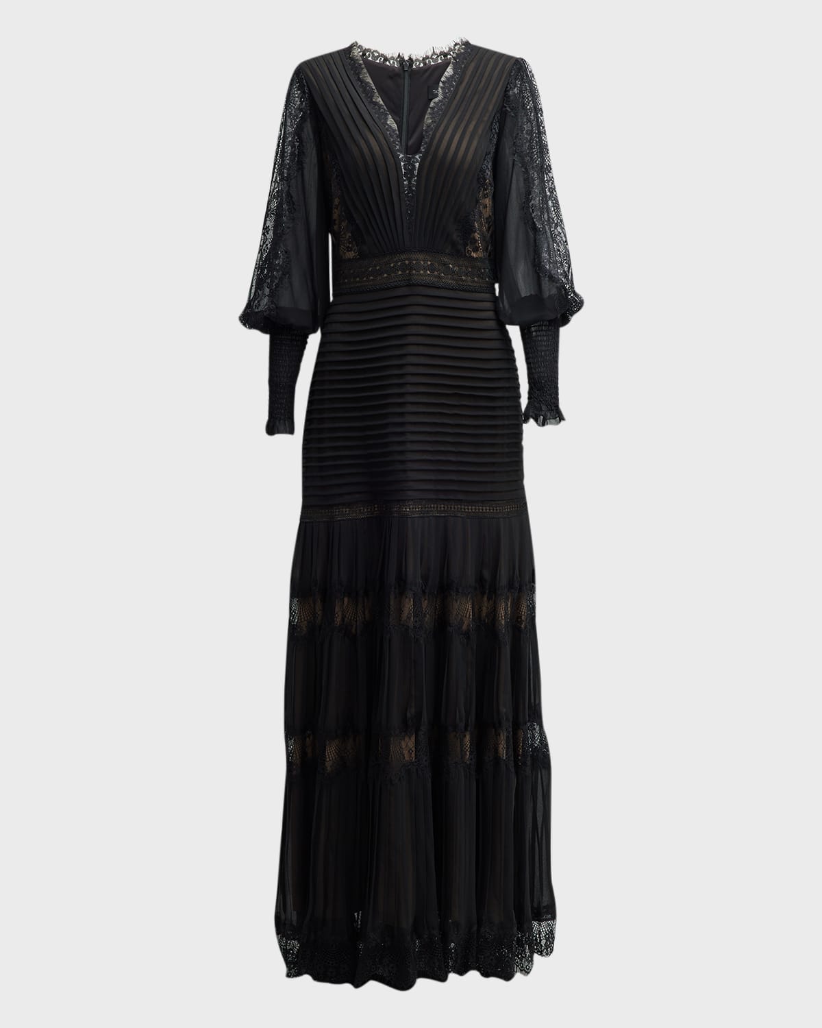 Tadashi Shoji Tiered Bishop-sleeve Pleated Lace Gown In Blacknude