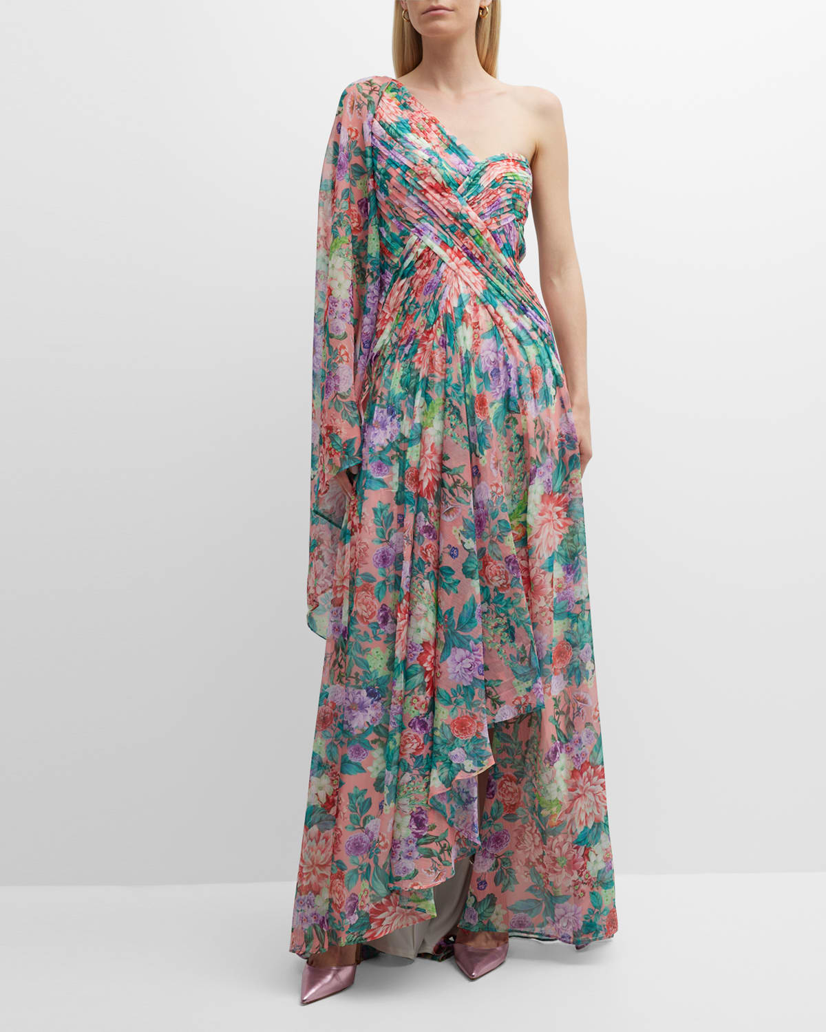 Tadashi Shoji One-shoulder Cape-sleeve Floral-print Gown In