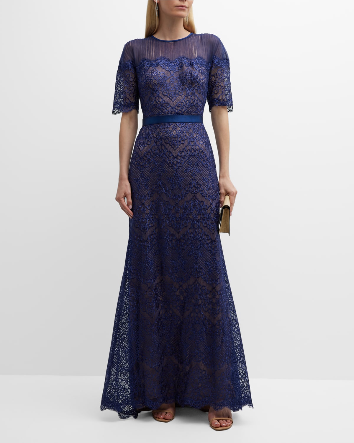 Tadashi Shoji Elbow-sleeve A-line Lace Gown In Navy