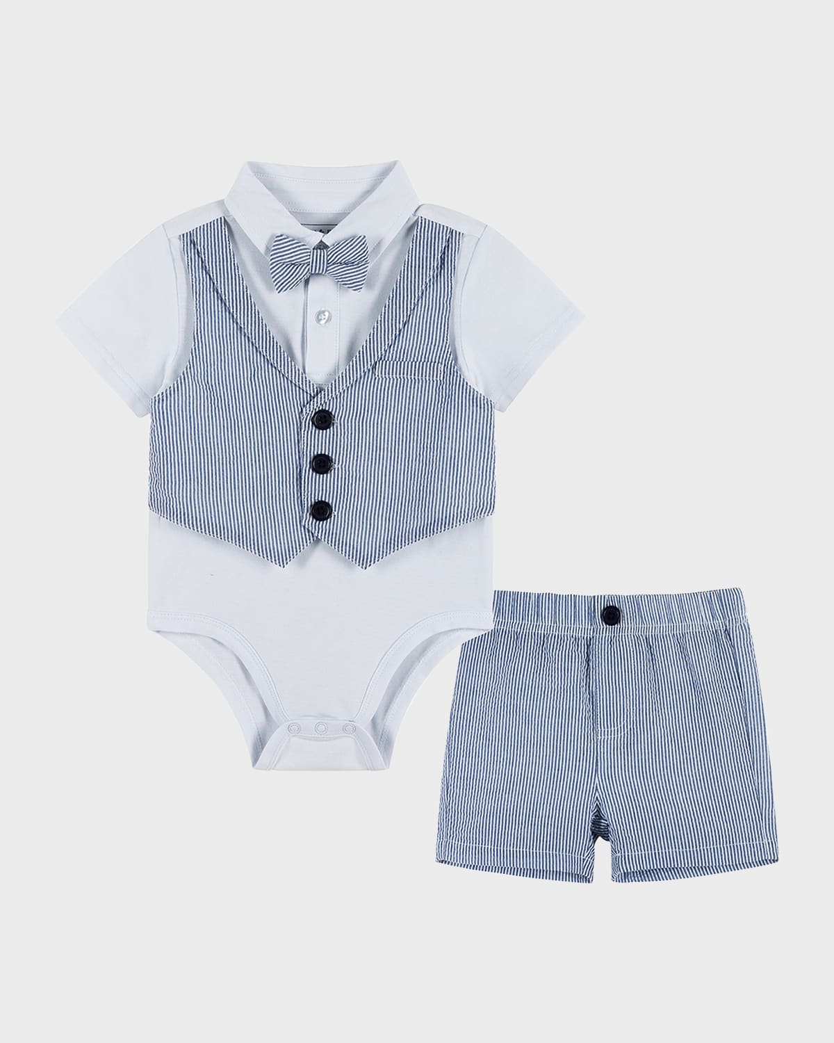 Andy & Evan Kids' Boy's Pinstriped Bodysuit Vest & Shorts W/ Bow Tie Set In Blue Seersucker
