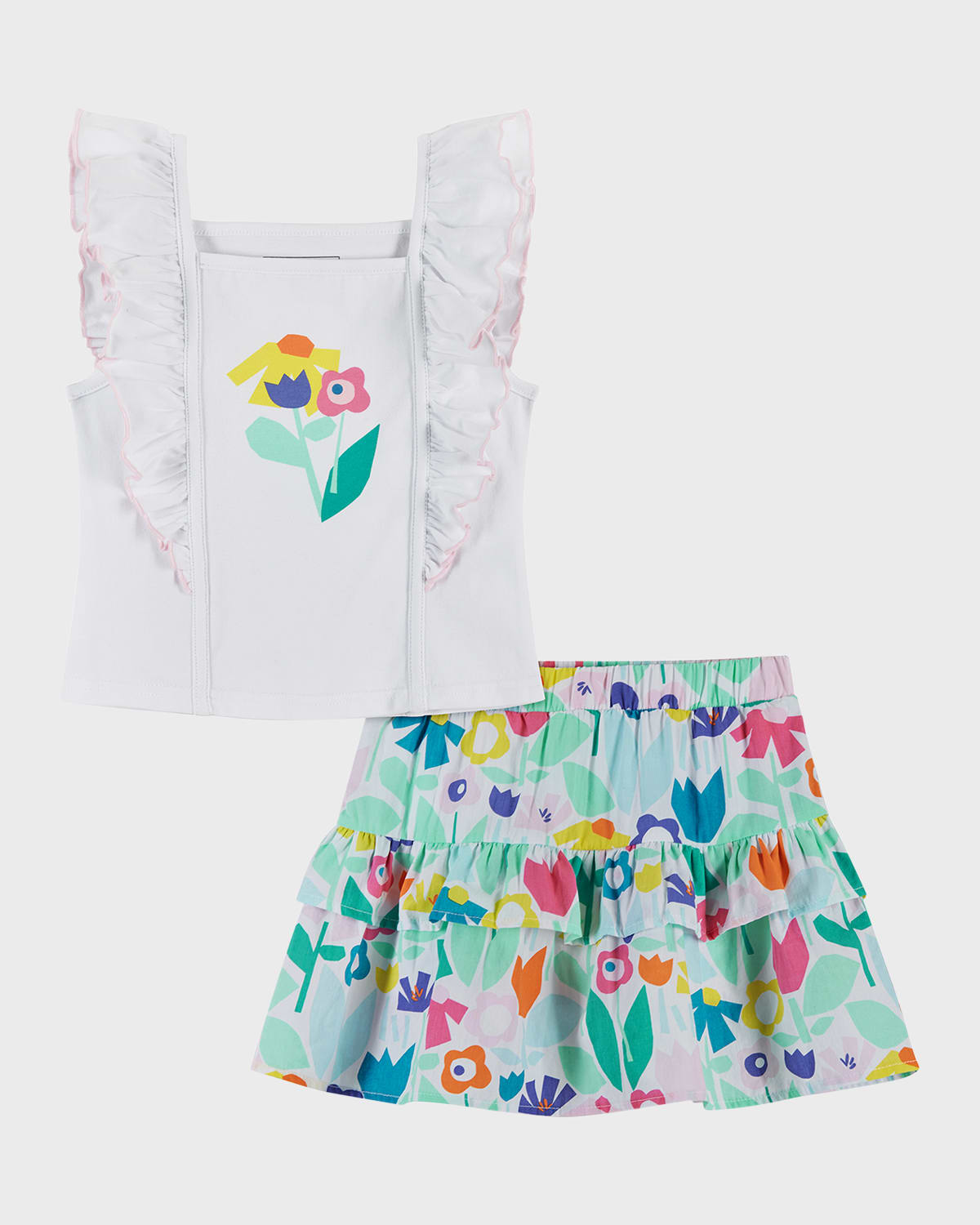 Andy & Evan Kids' Girl's Floral-print Top And Skirt Set In White Floral