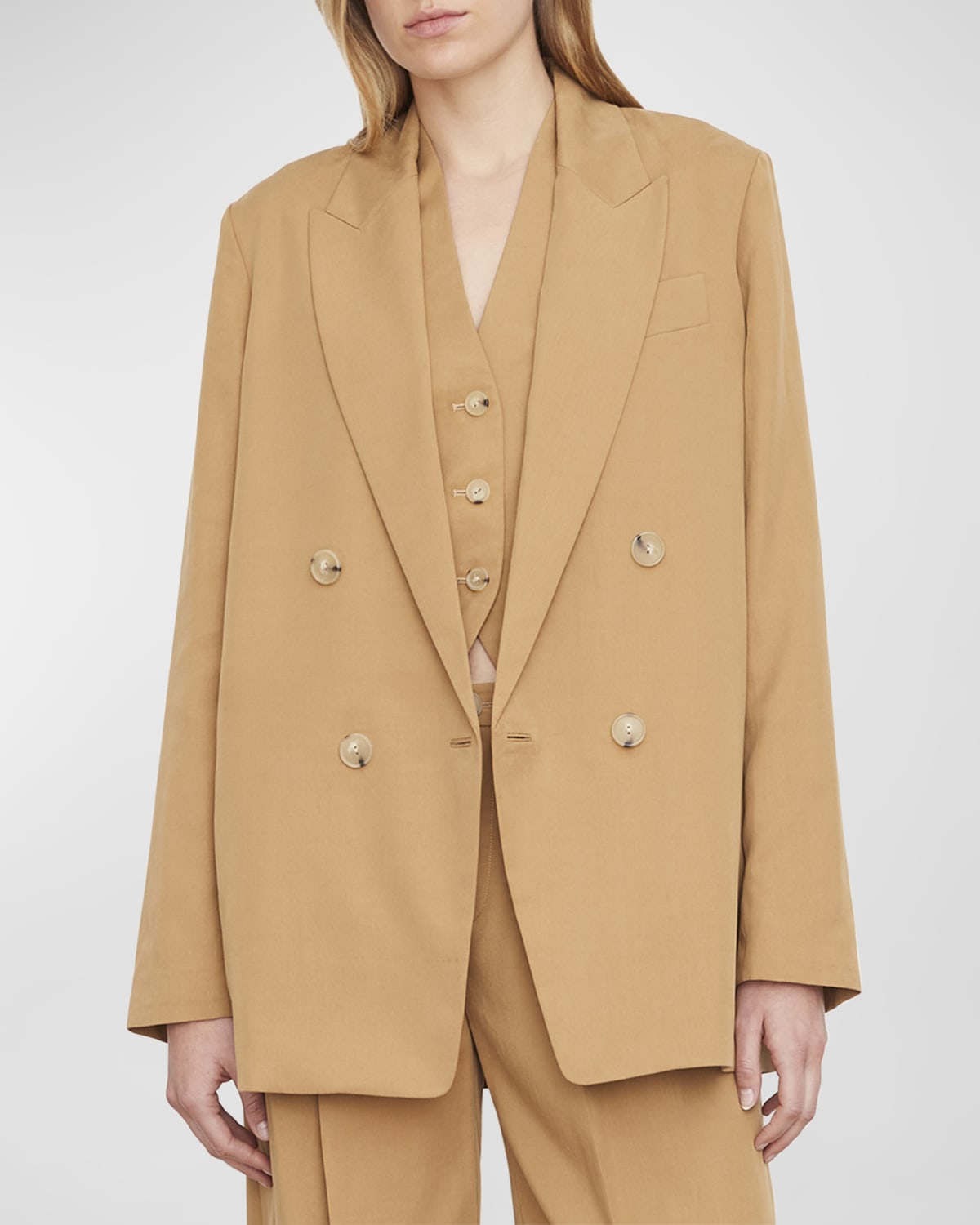 Shop Vince Drapey Tencel Double-breasted Blazer In Amber Wave