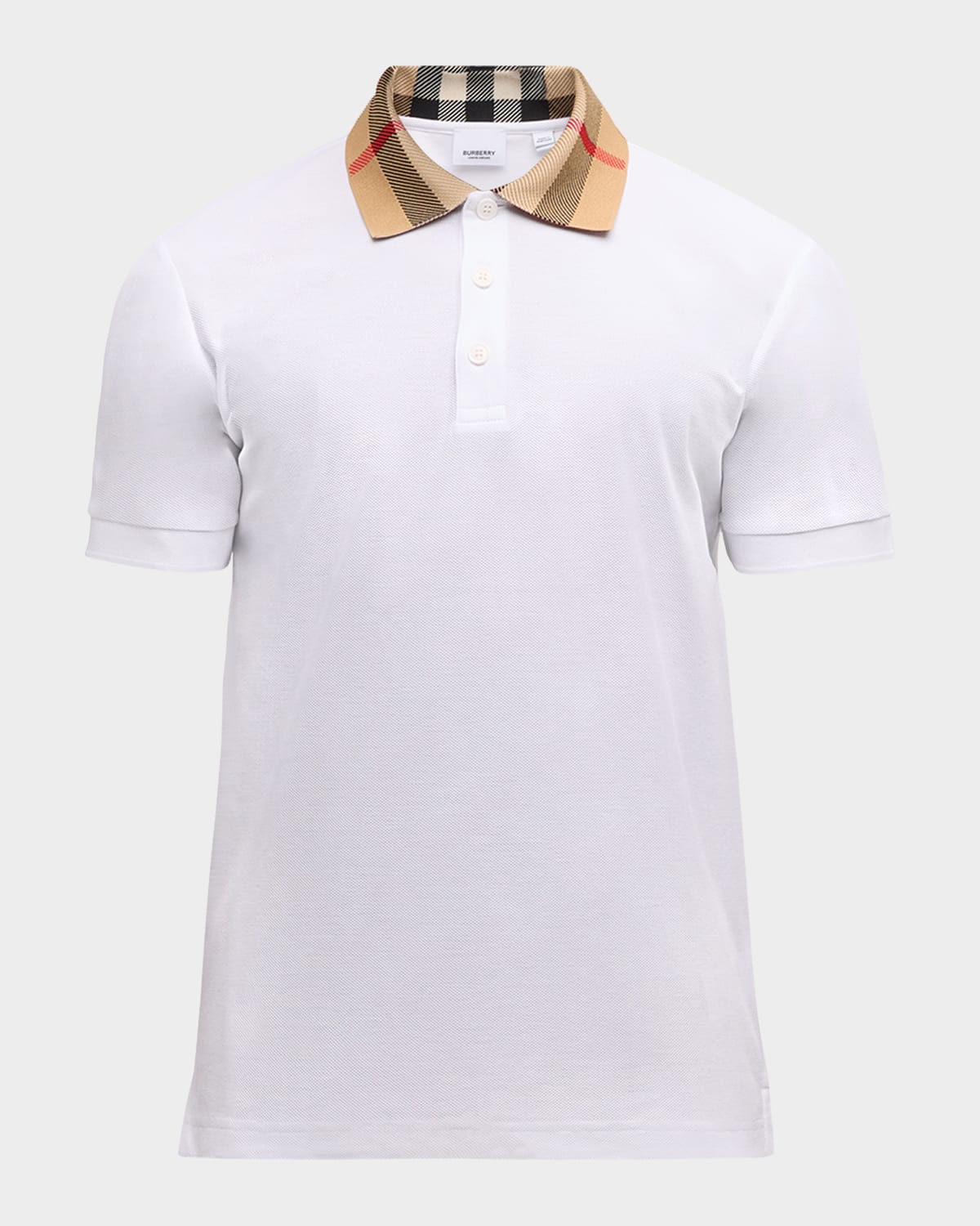 Shop Burberry Men's Pique Polo Shirt With Check Collar In White