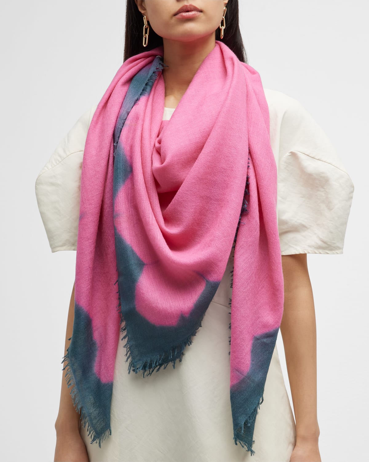 Bajra Two-tone Border Wool & Silk Scarf In Z156 Curcao Blue