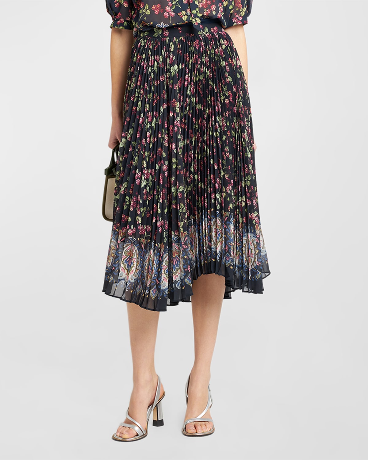 Etro Garden Party Pleated Midi Skirt In Navy