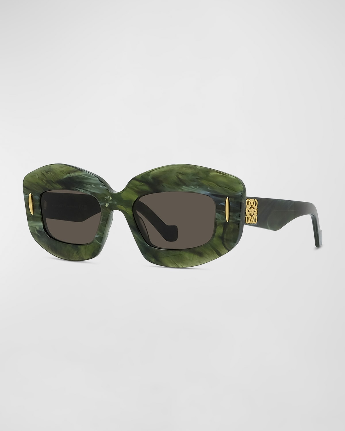 Shop Loewe Emerald Green Acetate Rectangle Sunglasses With Golden Accents In Sdkgrn/brn