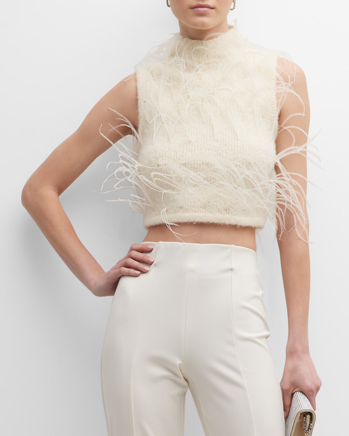 Lapointe Mock-neck Feather-trim Brushed Alpaca Crop Tank Top In Cream