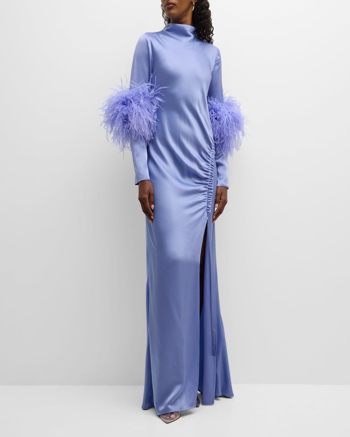LAPOINTE FEATHER-TRIM LONG-SLEEVE RUCHED SIDE-SLIT SATIN BIAS MAXI DRESS