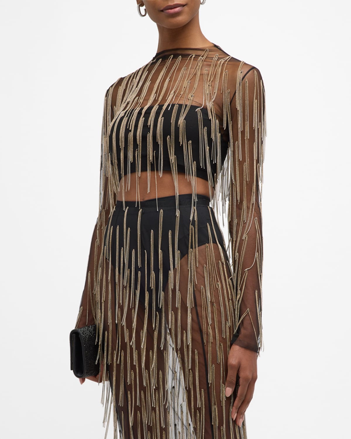 Lapointe Crystal Fringe Mesh Long-sleeve Top In Black