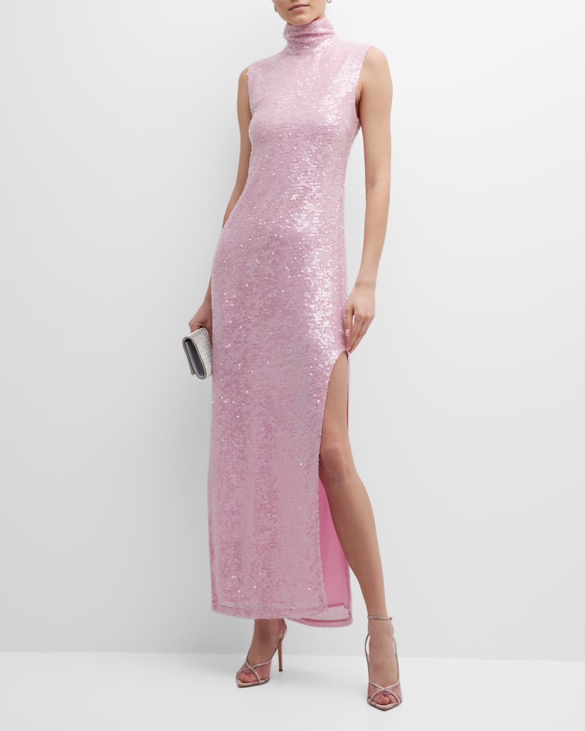 Shop Lapointe Sequin Turtleneck Side-slit Maxi Dress In Blossom