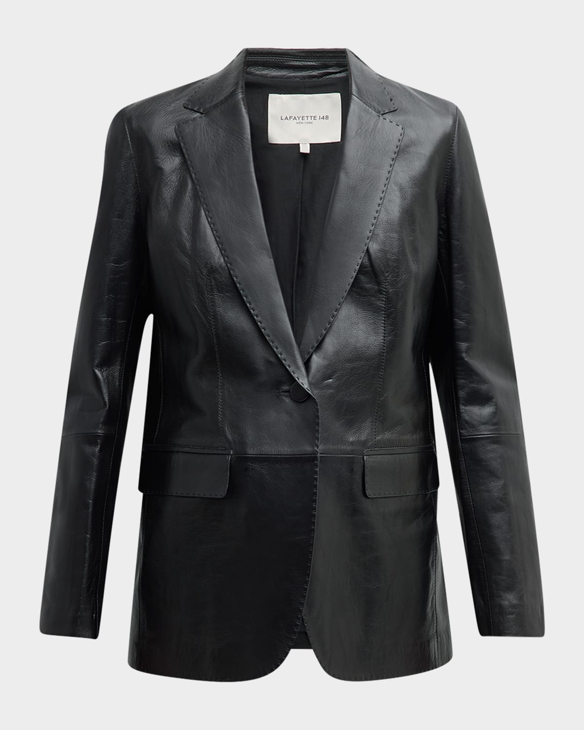 Shop Lafayette 148 Nappa Leather Flap Pocket Single-button Blazer In Black