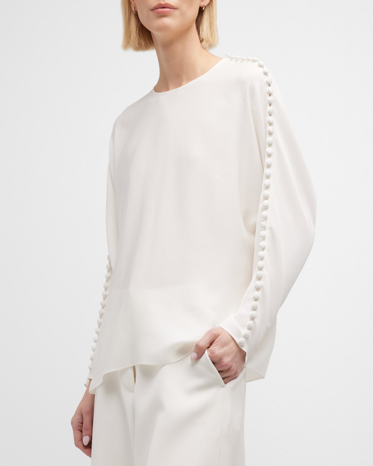Lafayette 148 Dolman-sleeve Button-embellished Silk Blouse In White
