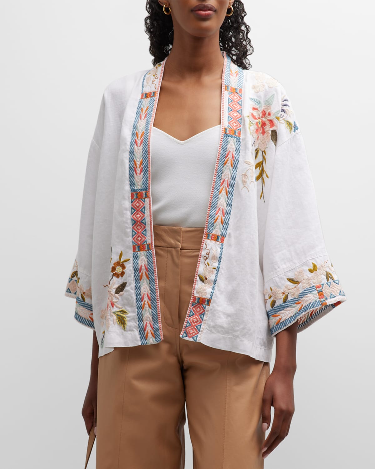 Johnny Was Ceretti Cropped Linen Kimono With Embroidered Detail In White