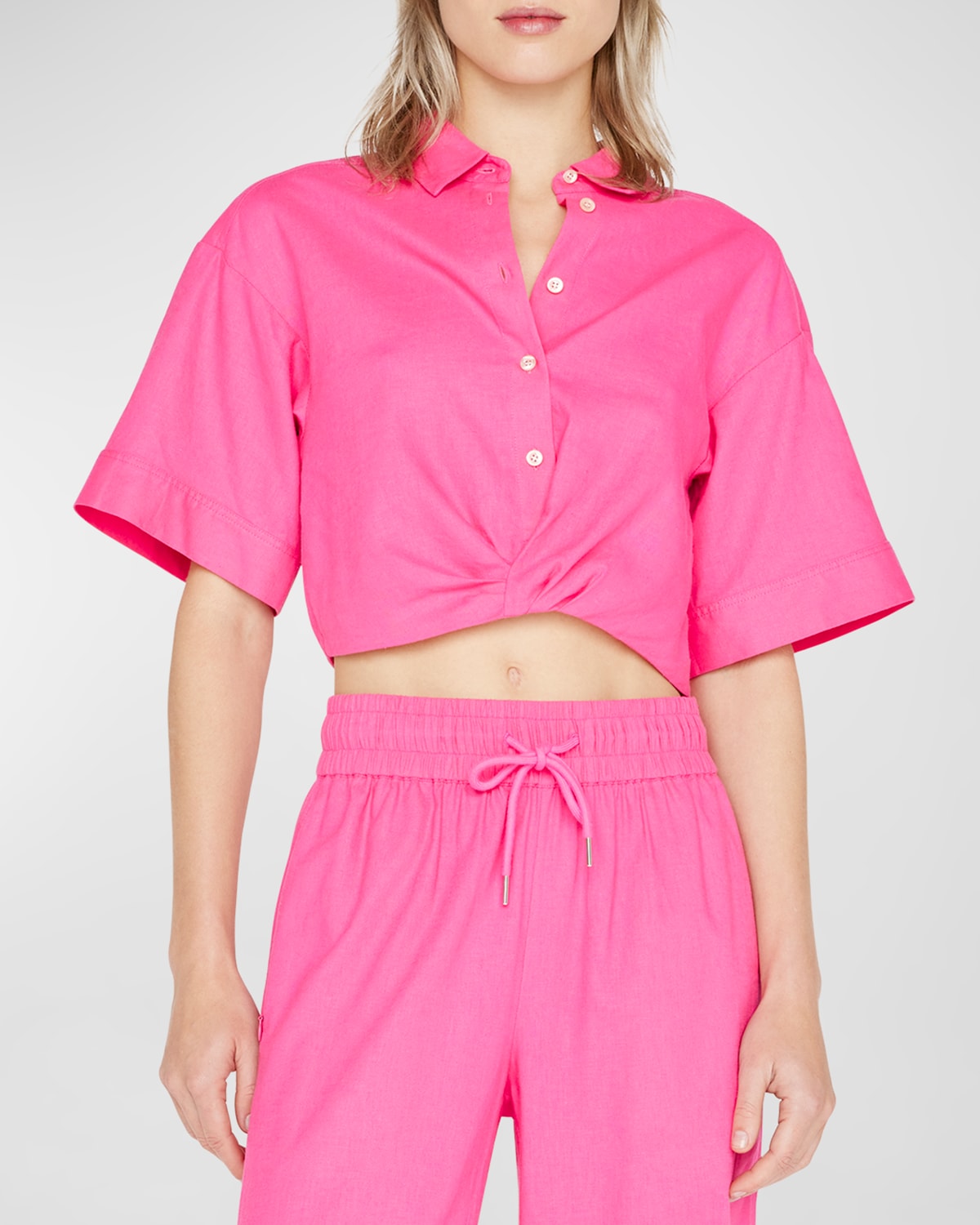 Frame Twist-front Linen-blend Cropped Shirt In Flamingo