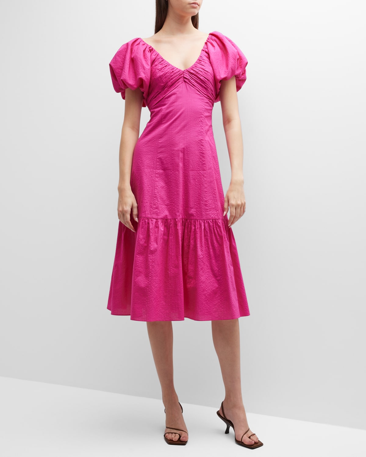 Shop Frame Puff Sleeve Cotton Midi Dress In Fuchsia