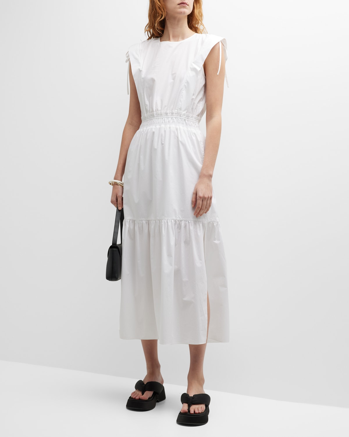 Frame Cotton Cinch-shoulder Midi Dress In Blanc