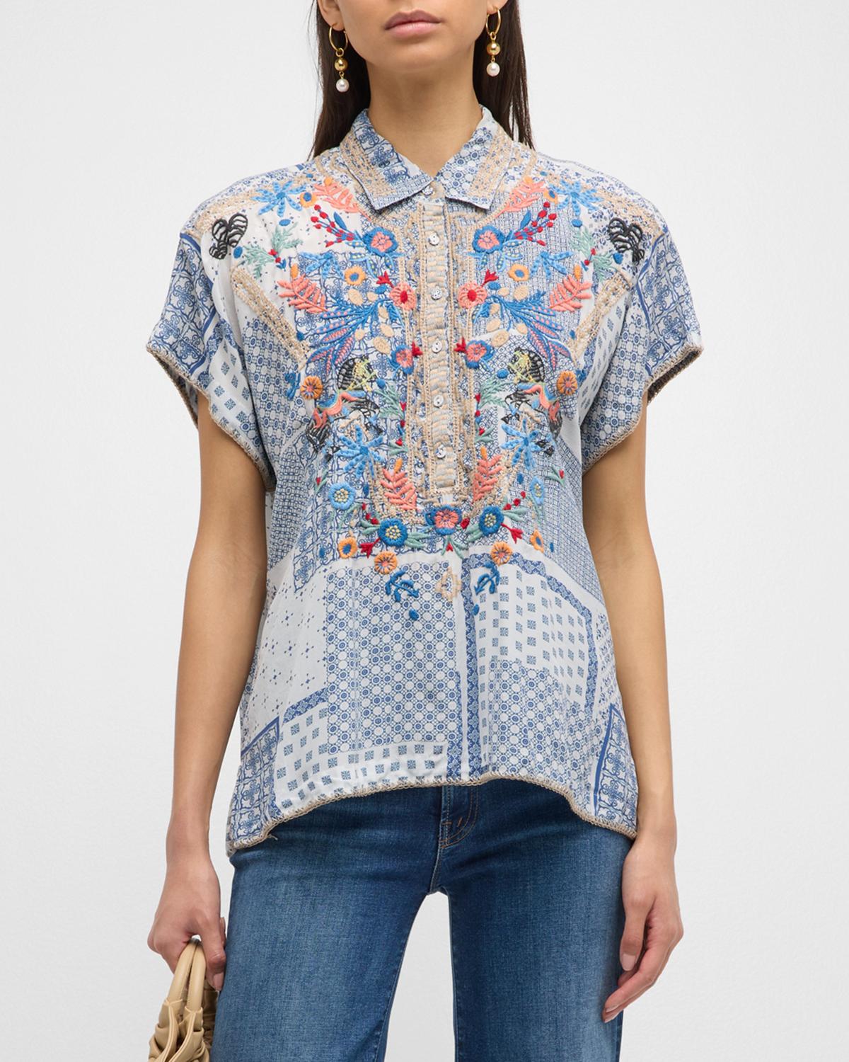 Johnny Was Masquerade Embroidered Patchwork-print Blouse In Blue | ModeSens