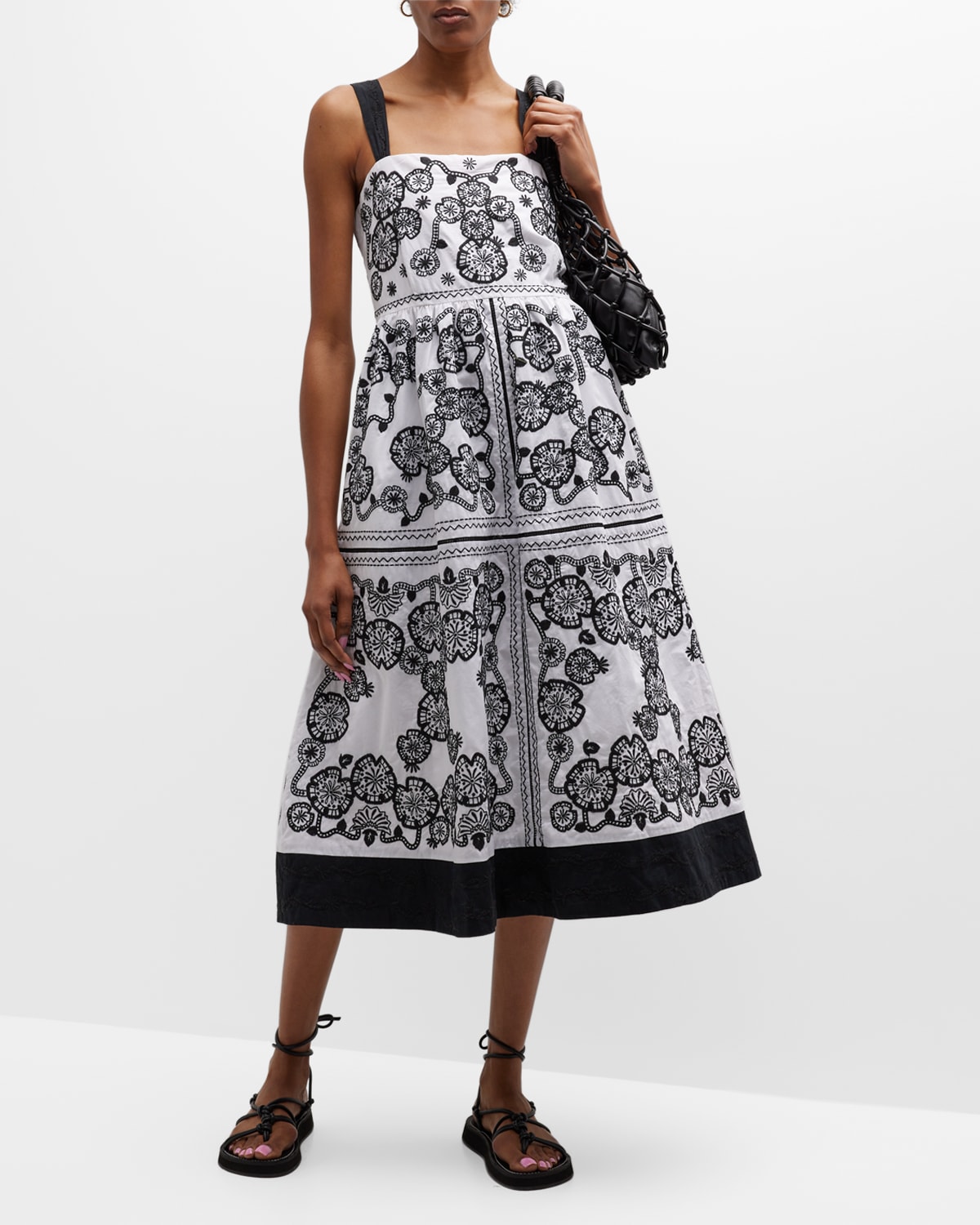 JOHNNY WAS MEL EMBROIDERED SQUARE-NECK MIDI DRESS