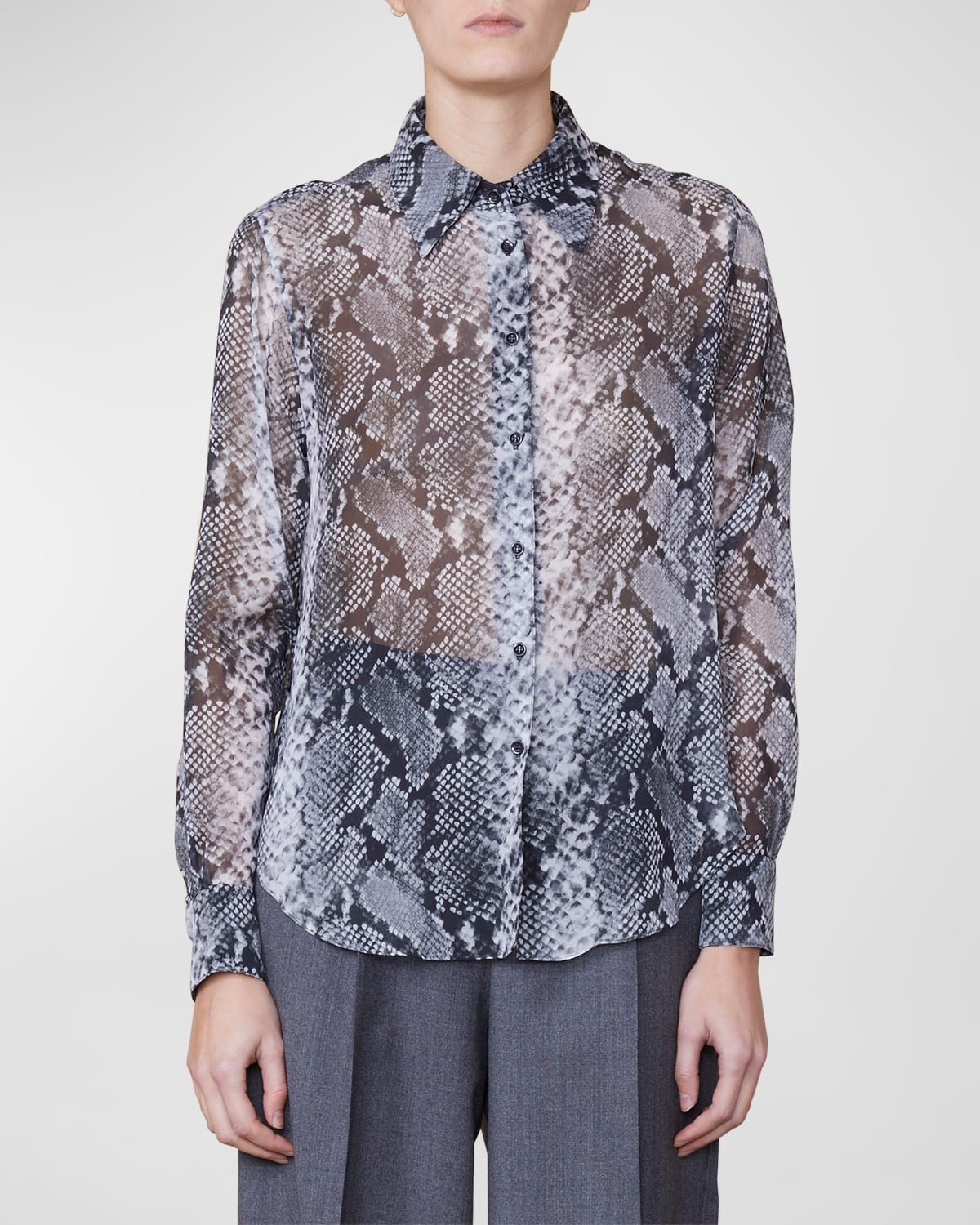 Officine Generale Carina Sheer Snake Button-front Shirt In Greywhite