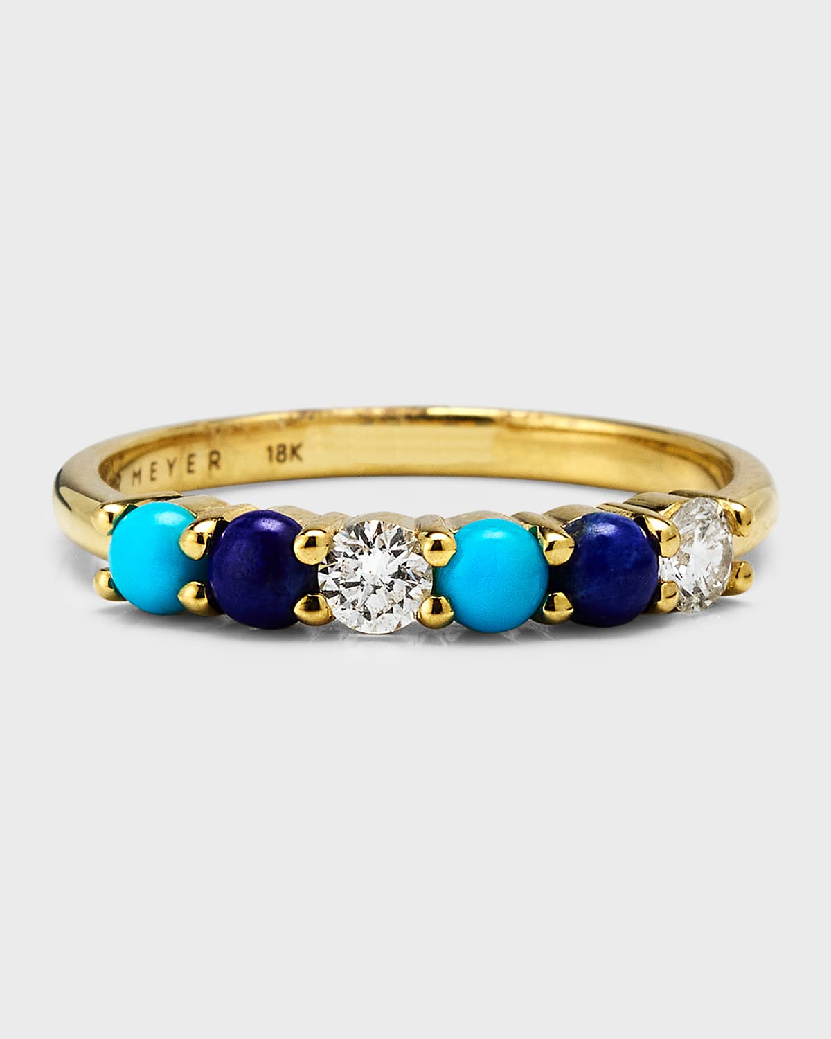 18K Yellow Gold 4 Prong Ring with Diamonds, Lapis and Turquoise, Size 6.5