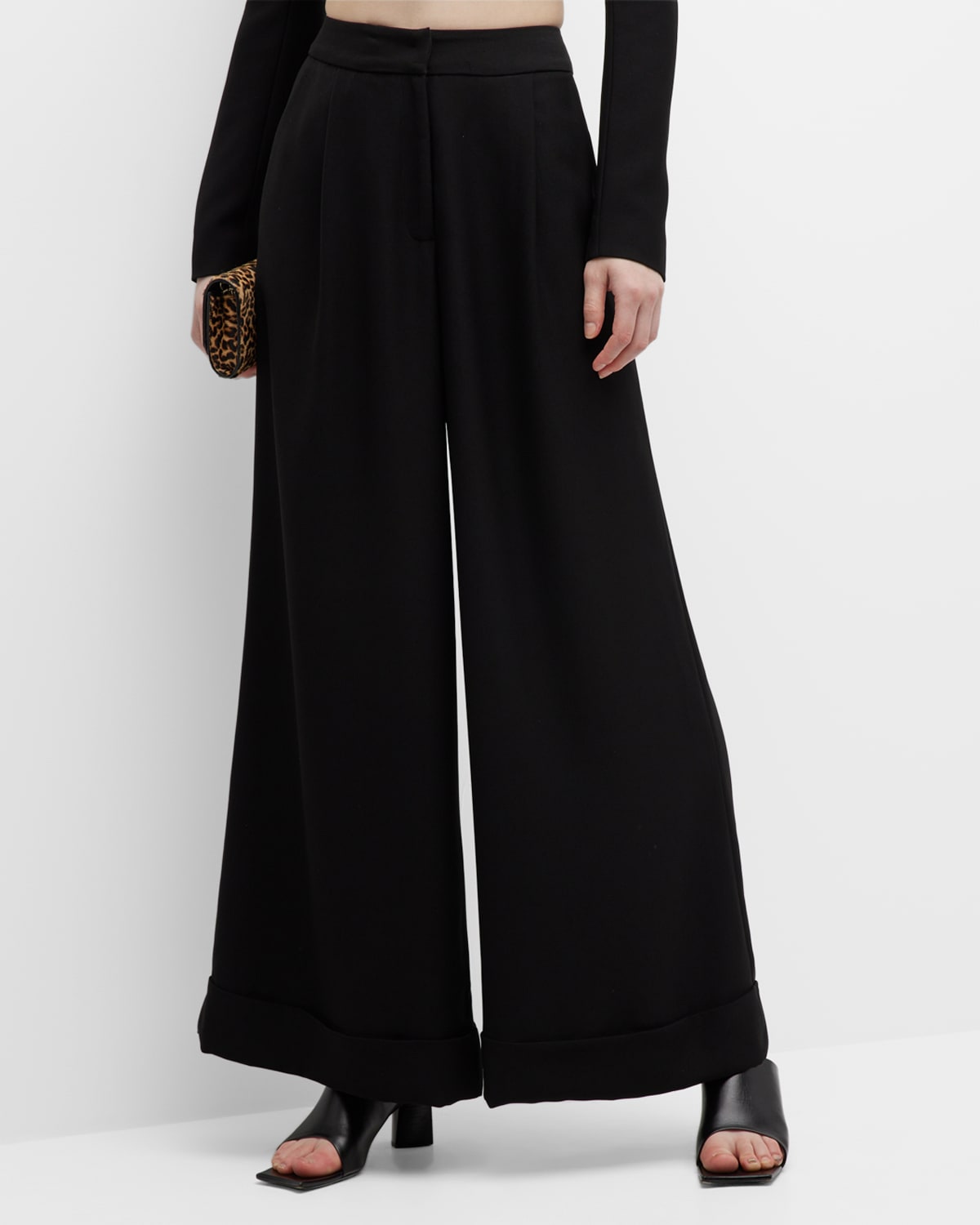 Monot Pleated Roll-hem Wide-leg Trousers In Black