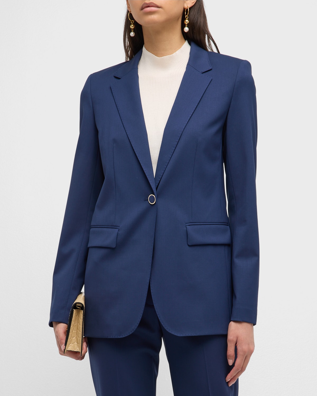 Lafayette 148 Single-button Wool-blend Blazer In Midnight Blue