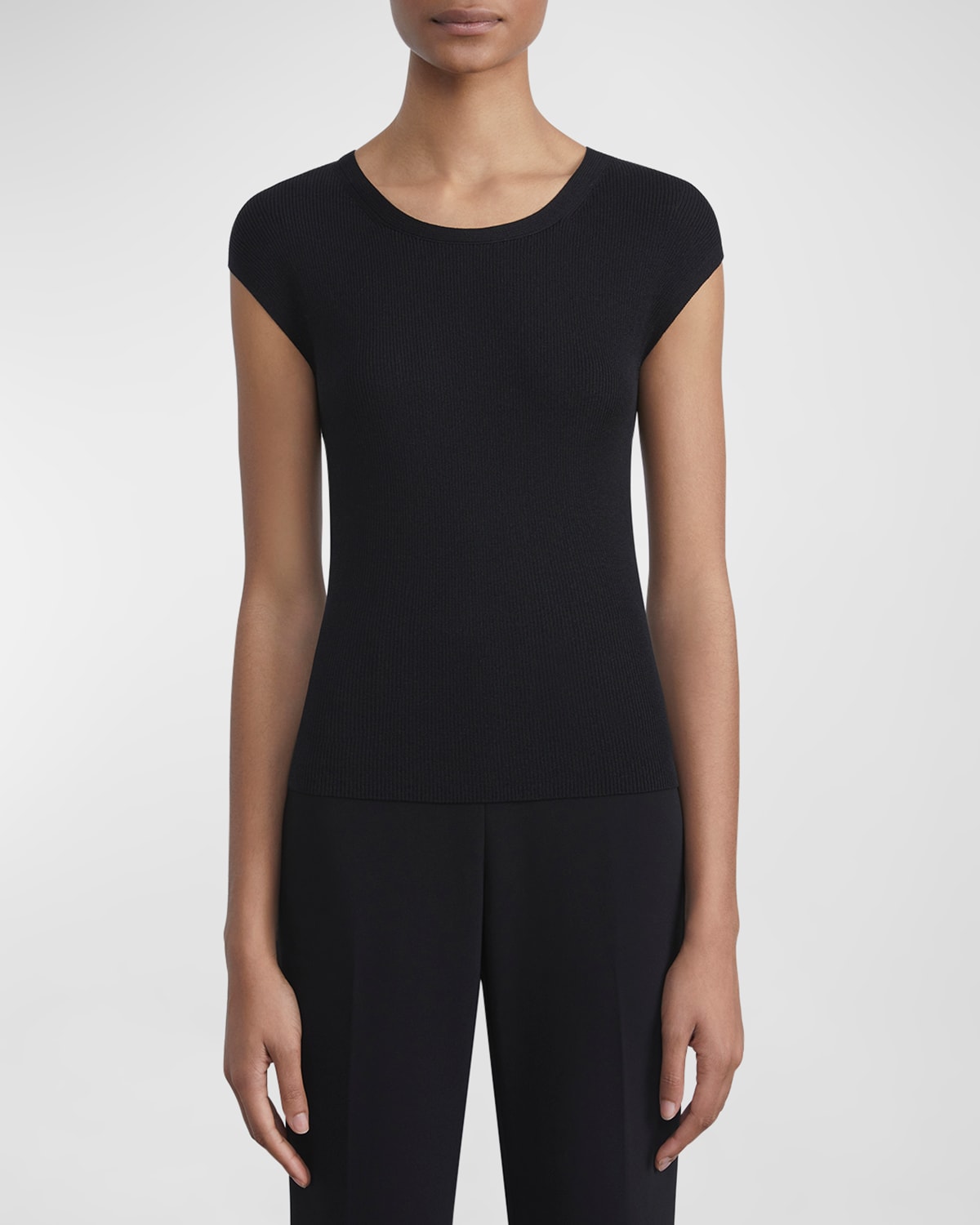 Shop Lafayette 148 Ribbed Cap-sleeve Pullover In Black