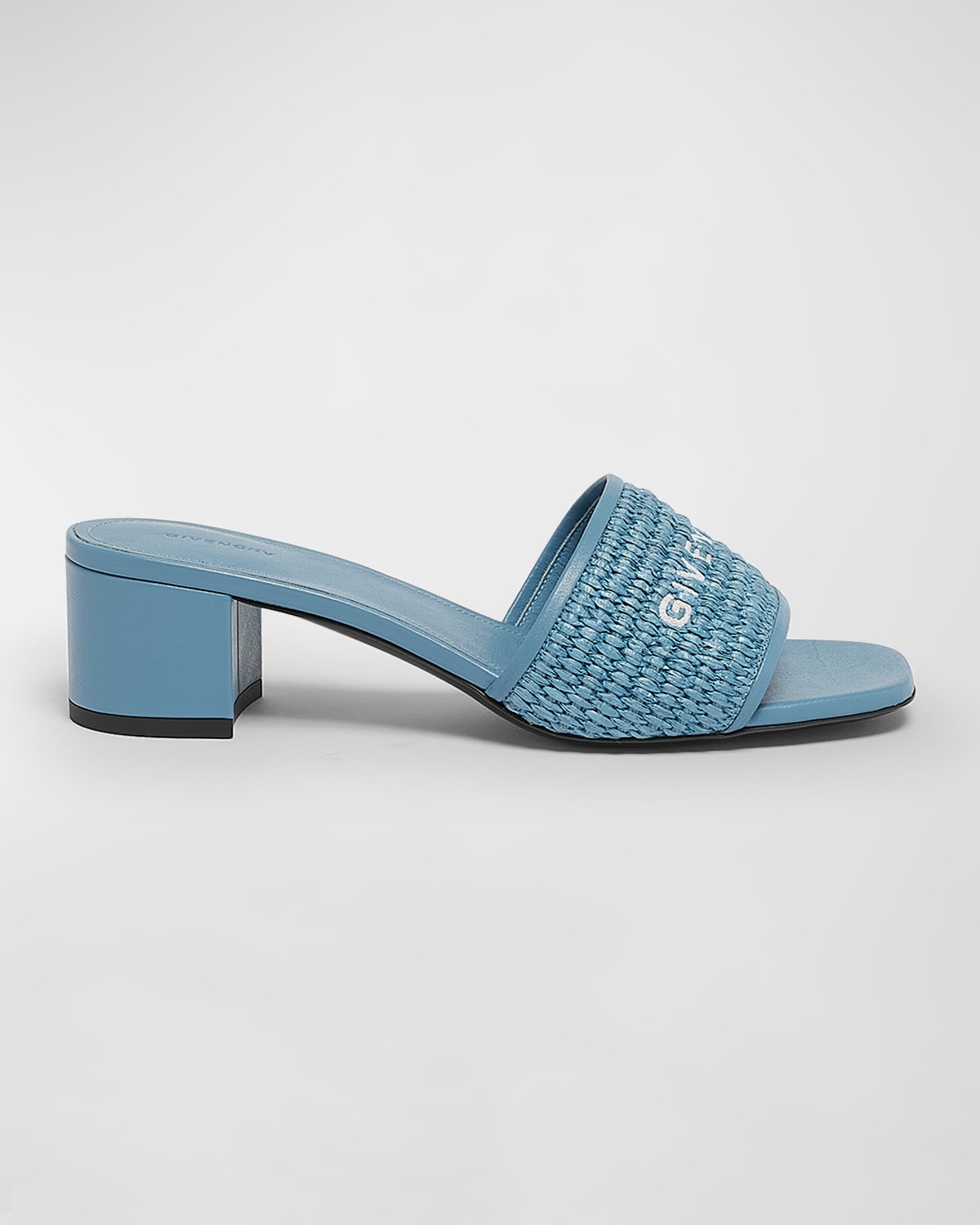 Shop Givenchy 4g Embroidered Raffia Mule Sandals In 457-denim Blue